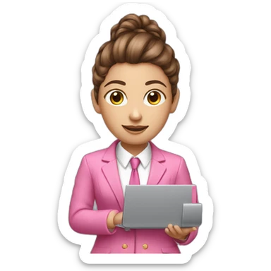 long brown curly pony tail girl with computer wearing pink suit sticker