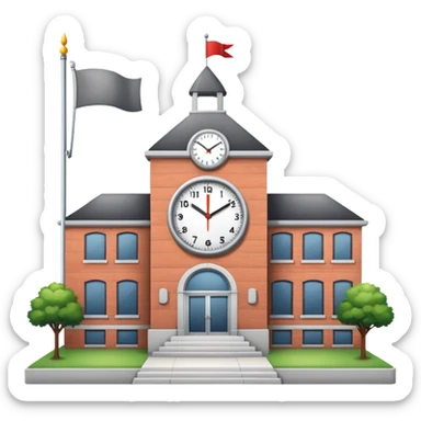 School building with clock on front and flagpole sticker