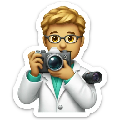 Cat Scientist taking a photo with a big camera while wearing a lab coat (he's shirt is mint color sticker