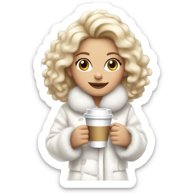 blonde girl wearing white fluffy jacket and a coffee to go in hand all dress white and a white bow on hair sticker