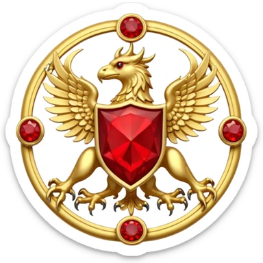 Golden griffin crest / brosch in a circle with red gems and no background sticker