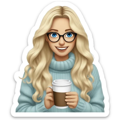 Blonde balayage long hair white women sweater blue eyes and small glasses holding coffee sticker