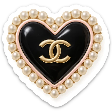  only the elegant heart with pearls and gold Chanel logo, glossy, pastel colors, realistic style, with no background. black pink,  sticker