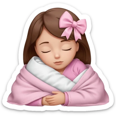 Sleeping child with brown hair wrapped in a light pink blanket with a white bow over the blanket sticker