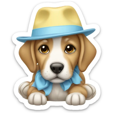 Light brown puppy with pastel blue hat and pastel yellow shoes sticker