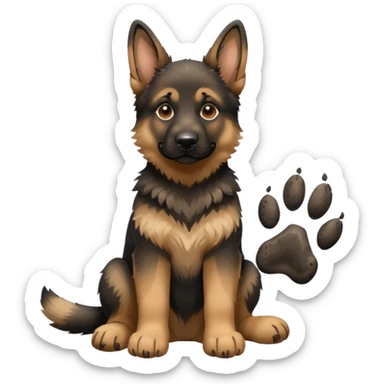 German Shepherd puppy sitting next to a large paw print sticker