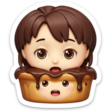 Rectangular chocolate mini pastry, slightly messy and squished, chocolate dripping, big round eyes, wide open mouth, playful surprised expression, text above: "ПАСТИЧКА", chibi style, Twitch emoji style, transparent background, colorful

 sticker