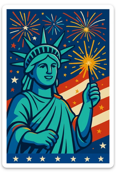 Add more fireworks behind the Statue of Liberty, keep the colorful 4th of July style with vibrant and bright fireworks illuminating the background behind the statue. sticker