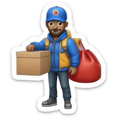 pizza delivery guy, black hat, blue bomber jacket and red pizza bag, holding a smaller bag with his hand, with the bag shaped like pizza boxes, without hair and with a clean beard sticker