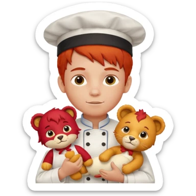 boy kid italian chef, red haired, uniform, holding plush lion sticker