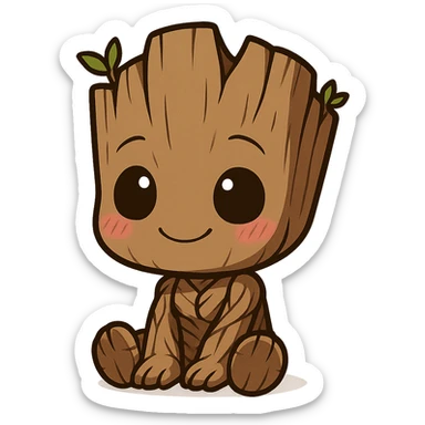 chibi anime style cute Groot sitting with a smile and blushing cheeks sticker