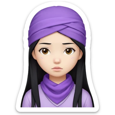 Sad Asian girl, straight long hair, lilac bandana, white and lilac clothing sticker