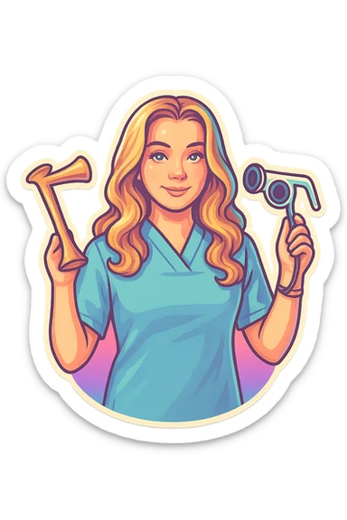 A girl with facial features and light wavy hair as in the reference, wearing a blue medical suit, holding an obstetric stethoscope in one hand, the other hand down, in retro stickers style with thin clean contours, soft rounded shapes, pastel palette, retro sticker aesthetic, detailed shadows and highlights, soft lighting, transparent background. sticker