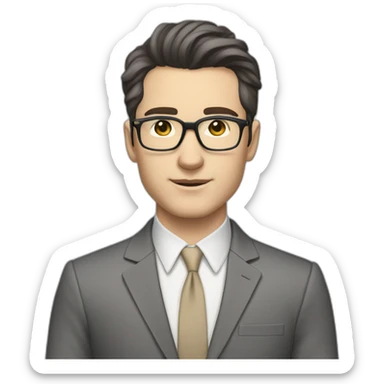 Full height Pale skinned Fit Man With dark brown hair in classic gray suit, beige office shirt, dark gray tie, and vintage glasses. His hands lock sticker