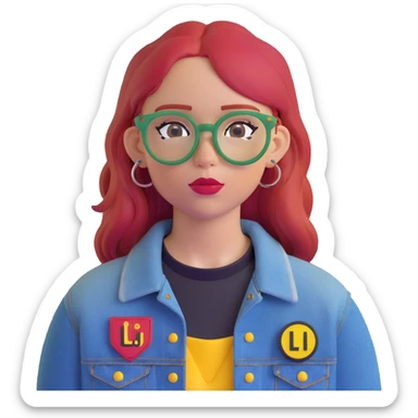 young woman, straight red hair, blue glasses, black choker, septum ring, denim jacket, yellow-red patch 'LIB', neutral cute expression sticker