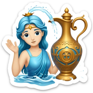 The zodiac symbol Aquarius. A mystical and beautiful water bearer, holding and pouring water from a large, intricate, and arcane vase into the sea sticker