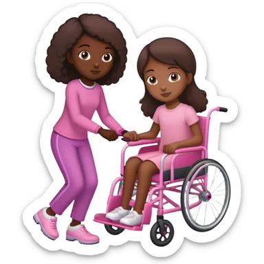 One dark skinned sister pushing her light brown sister in a pink wheelchair sticker
