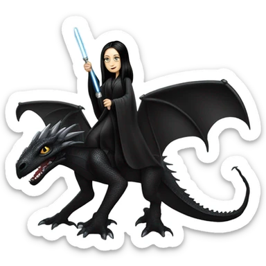 beautiful armored teen Morticia Addams Jedi riding on the back of a very large black shiny dragon sticker