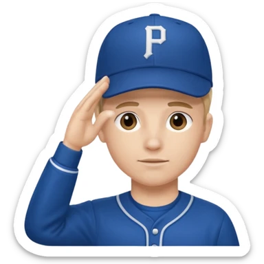 Baseball player, hand to head salute, hat with P, blue uniform sticker