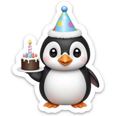 cute penguin with birthday hat hold a birthday cake in both arms sticker