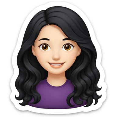 Please generate a portrait of a pretty girl with long, wavy, black hair. She's smiling. She also wears a left side parting. sticker