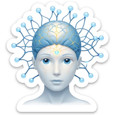 minimalist human figure with luminous cores at head and heart, delicate lines and orbs forming a neural web, soft white-blue light sticker