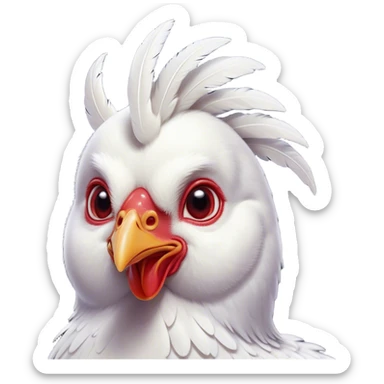 Cinematic Cute White Chicken Portrait Emoji, Head tilted playfully and inquisitively, featuring smooth, immaculate white feathers and a delicate red comb, round, sparkling beady eyes filled with curiosity, Simplified yet irresistibly adorable features, highly detailed, glowing with a warm, friendly glow, high shine, affectionate and lively, stylized with a touch of farmyard whimsy, bright and endearing, soft glowing outline, capturing the essence of a mischievous yet loving chicken, so playful it feels like it could peck out of the screen and into your arms! sticker