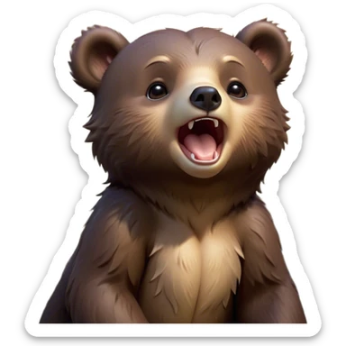 Cinematic Cute Yawning bear cub Portrait Emoji, Head tilted slightly with a dramatic, wide-open yawn, showcasing a soft, plush dark brown fur with drooping ears, round eyes barely open in drowsy contentment, Simplified yet irresistibly adorable features, highly detailed, glowing with a soft, cozy glow, high shine, relaxed yet expressive, stylized with a touch of woodland charm, bright and endearing, soft glowing outline, capturing the essence of a sleepy yet affectionate bear cub, so drowsy it feels like it could lumber out of the screen and curl up for a nap! sticker