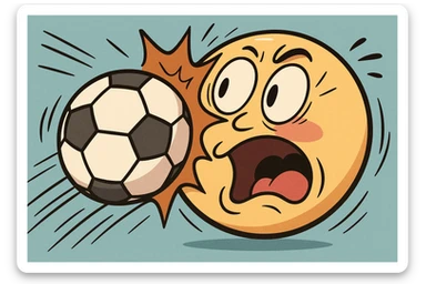 a soccer ball colliding with a smiley face, exaggerated motion, playful, vibrant colors, bold outlines, energetic, fun, animated, lively expression sticker