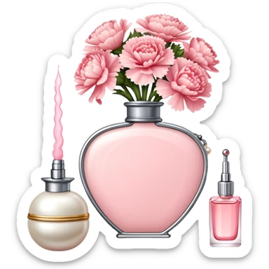 "An ornate Shell Pink perfume bottle with an atomizer, surrounded by Pearl Pink carnations. A string of pearls and a vintage mirror enhance the old Hollywood charm." sticker