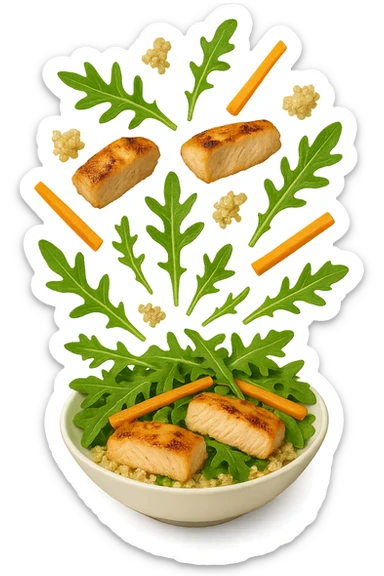 EMOJI STILE IPHONE DI Insalata di quinoa e pollo con rucola e carote che cade verticalmente dall'alto, iperrealistica 4k sticker