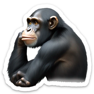 chimpanzee in a thoughtful pose, reminiscent of "The Thinker" by Rodin. The chimp is facing left, resting its chin on its hand, with a slightly furrowed brow, as if contemplating something deeply. sticker