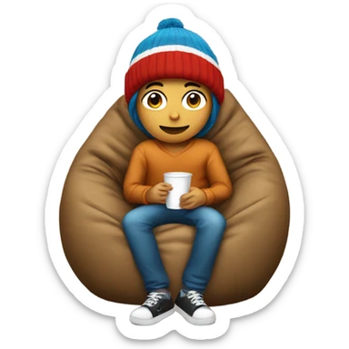 kid with a beanie hat sitting in a bean bag chair drinking sticker