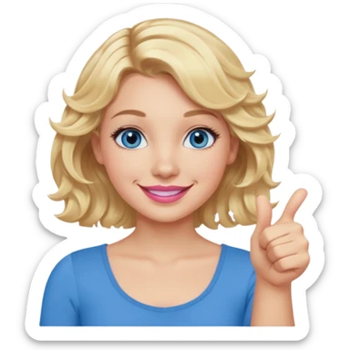 Girl Blonde short wavy hair,  blue eyes, cute blue top, long lashes, pink lips, smiling, thumbs up sticker