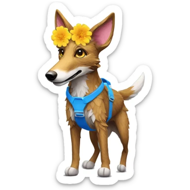  brindle fluffy lurcher fox running blue eyes fluffy ears and holographic harness wearing paper flower crown yellow caution tape neon sign sticker