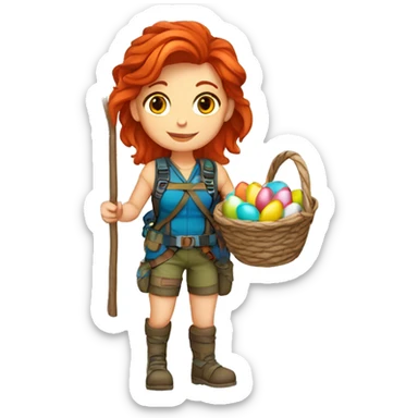 Female mountain climber red hair with Greek flag and holding Easter eggs basket sticker