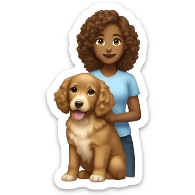 Light brown skinned girl with brown curly hair with a golden retriever puppy sticker