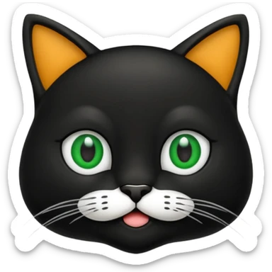crie uma imagem de um gato preto com uma mancha branca no peito o gato tem olho verde  tudo no estilo de animação sticker