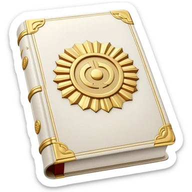A white leather book with golden accents, smooth and polished, embossed with a symbol of six pillars,, radiating strength, confidence, and the power of self-worth.  sticker
