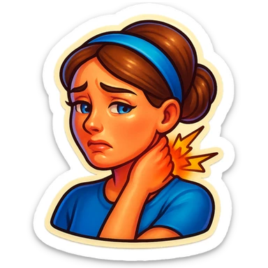 Modify the emoji to depict a female character holding her neck with one hand, clearly showing the location of neck pain. The character should have an expression of pain, medium-length brown hair tied in a low bun, and blue eyes. sticker