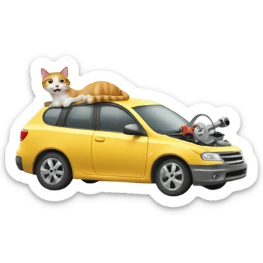 A cartoon emoji-style car with a cat sitting on the open hood, holding a wrench and smiling sticker