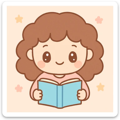 girl with brown curly hair reading a book, kawaii style sticker