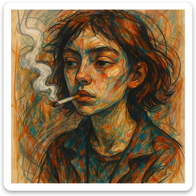a girl smoking, unique artistic style, expressive, detailed, creative sticker