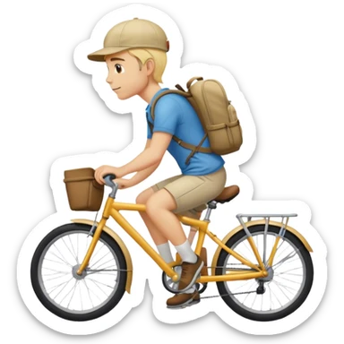 A blond guy in a cap and with a backpack on his back is riding a bike sticker
