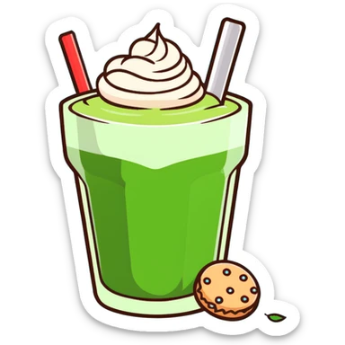 matcha latte in warm olive-brown tones with leaf detail, cute cookie beside it, soft dreamy sticker