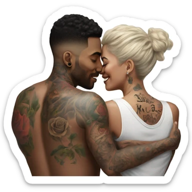 Loving intimate moment between lovers, photo Realistic Couple with tattoos  sticker