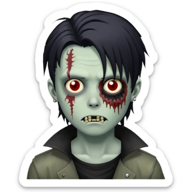 zombie boy with black anime wolfcut medium long hair and piercings sticker
