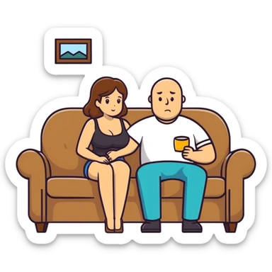 One Caucasian woman with brown hair big boobs sitting on a couch with a bald man sticker