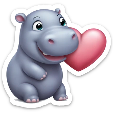 baby hippo giving a kiss to a heart sticker