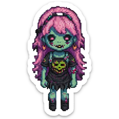 girl zombie with pink hair and bangs, pixel art style sticker